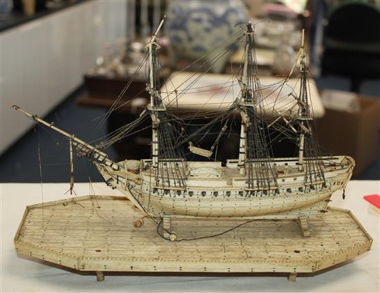 A Napoleonic prisoner-of-war bone model of a French/English frigate